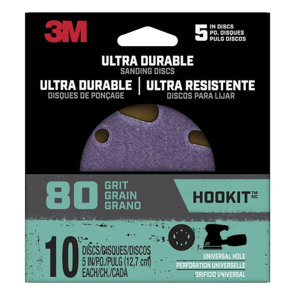 3M Ultra Durable 5 inch Power Sanding Discs, Universal Hole, 80 grit, 12PK - DISC5IN10PK80