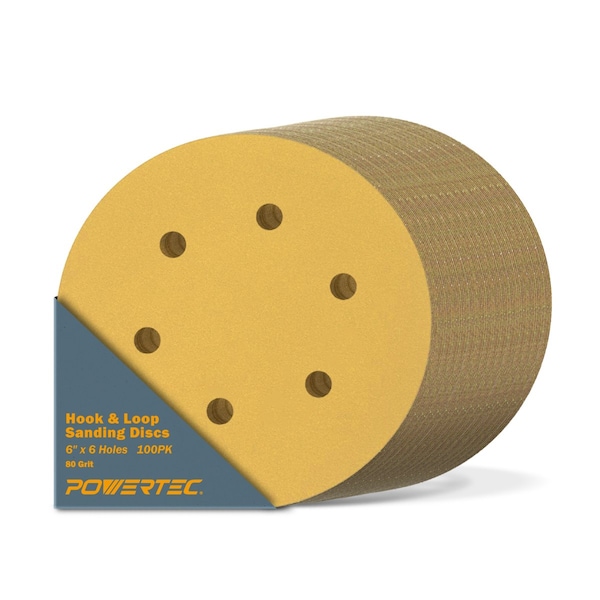 Powertec 80 Grit, 6 Inch 6 Hole Hook and Loop Sanding Discs for Random Orbital Sander, 100PK - 45208G-50-P2