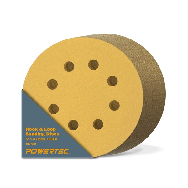 Powertec 5 in. x 8 Holes, 120 Grit, A/O Hook & Loop Sanding Disc, Gold, 100PK - 44012G-50-P2