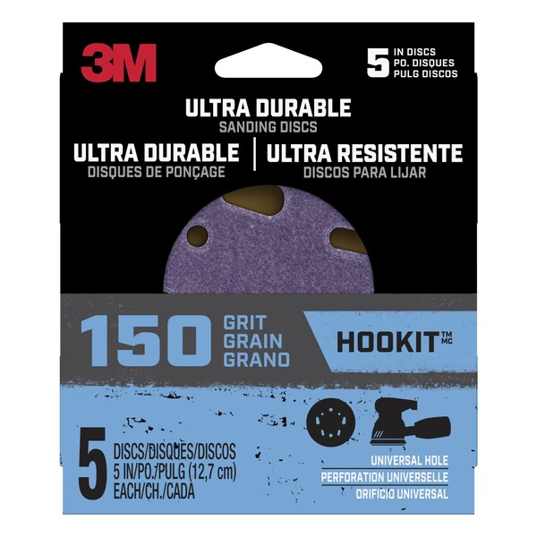 3M Ultra Durable 5 inch Power Sanding Discs, Universal Hole, 150 grit, 20PK - DISC5IN5PK150