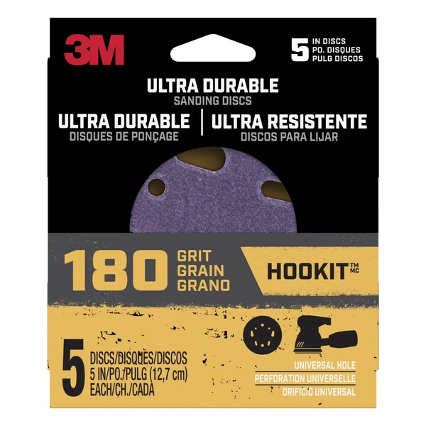 3M Ultra Durable 5 inch Power Sanding Discs, Universal Hole, 180 grit, 20PK - DISC5IN5PK180