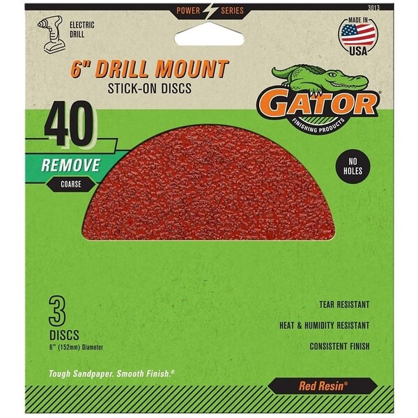 Gator Sanding Disc, 6 in Dia, 40 Grit, Extra Coarse, Aluminum Oxide Abrasive - 3013