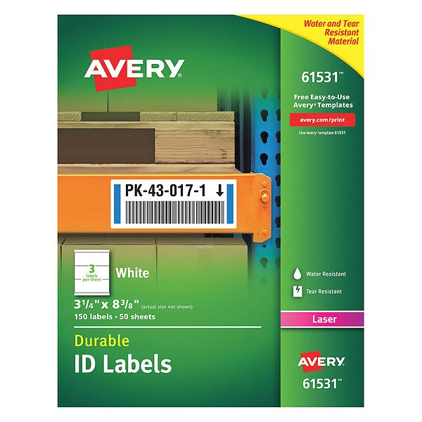 Avery Avery Durable ID Labels with TrueBlock Technology, 61531, Laser, 3-1/4" x 8-3/8", White, Pack of 150 - 7278261531