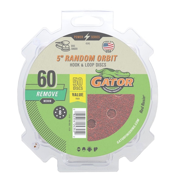 Gator Finishing 5" Red Resin Random Orbit Sander Hook and Loop Discs, 60 Medium Grit Remove - 4345