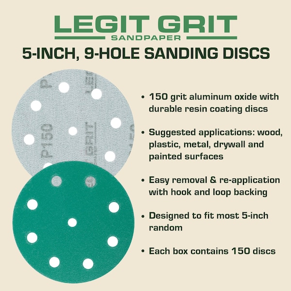 Legit Grit 5 inch Sand paper Disc, 9-Hole, 150 Grit, 150PK - LG5-9150-150