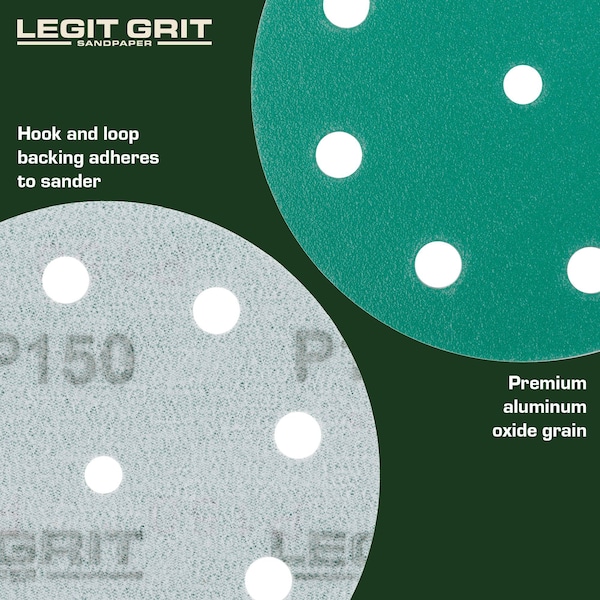 Legit Grit 5 inch Sand paper Disc, 9-Hole, 150 Grit, 150PK - LG5-9150-150