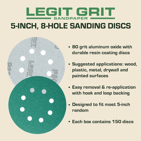 Legit Grit 5 inch Sand paper Disc, 8-Hole, 80 Grit, 150PK - LG5-880-150