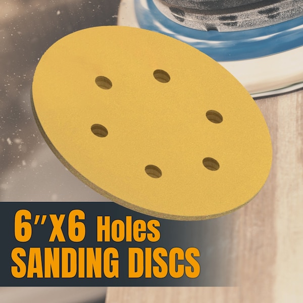 Powertec Gold 6 in. Hook and Loop Sanding Disc, 6 Hole, 150 Grit, 50PK - 45215G-50