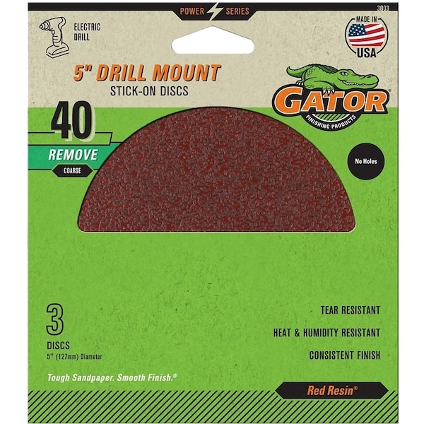 Gator Sanding Disc, 5 in Dia, 40 Grit, Extra Coarse, Aluminum Oxide Abrasive, Paper Backing - 3003
