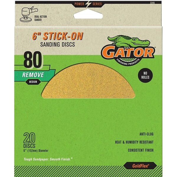 Gator Sanding Disc, 6 in Dia, Coated, 80 Grit, Medium, Aluminum Oxide Abrasive, Paper Backing - 3245