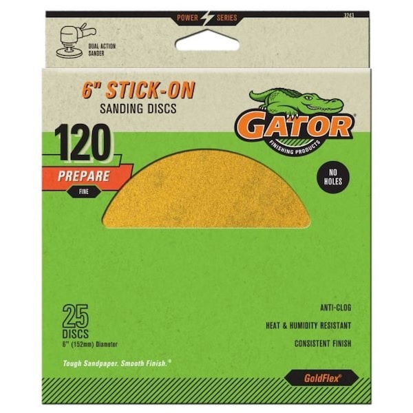 Gator Sanding Disc, 6 in Dia, Coated, 120 Grit, Fine, Aluminum Oxide Abrasive, Paper Backing - 3243