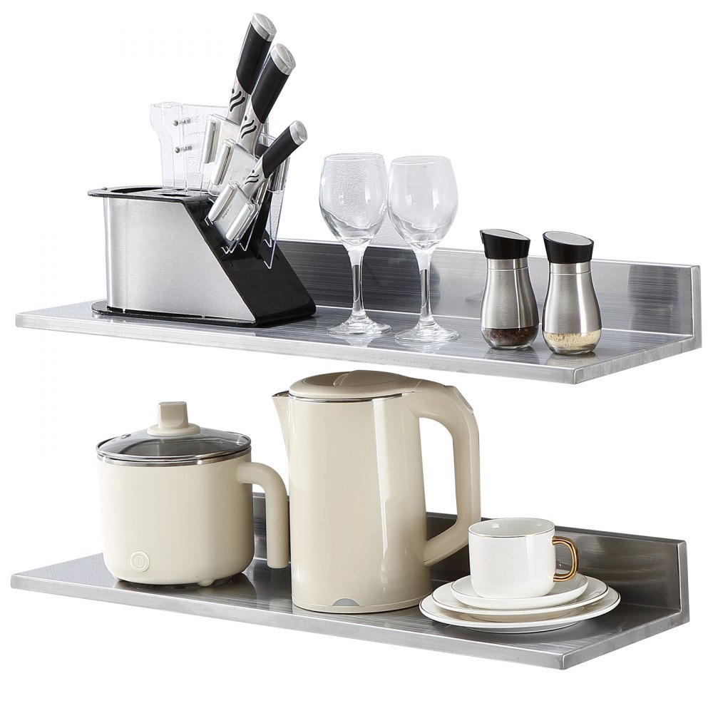 VEVOR 8.6" x 30" Stainless Steel Shelf, Wall Mounted Floating Shelving with Backsplash, 44 lbs Load Capacity Commercial Shelves, Heavy Duty Storage Rack for Restaurant, Kitchen, Bar, Home, and Hotel (2 Packs) - BGSCTTLL86302L4L7V0