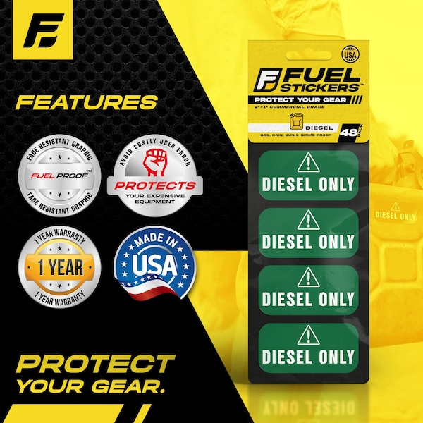 Fuel Stickers Diesel Only Sticker, Fuel Can & Outdoor Power Equipment, Hvy-Dty, Green/White, 2''x1'', 48PK - Z-2X1DG-48PK
