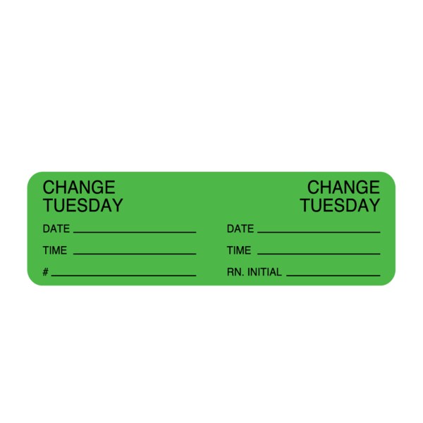 Nevs Day Change IV Tubing Label -Change Tuesday 7/8" x 3" Flr Green w/Black - NTUBE-T