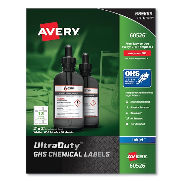 Avery UltraDuty Chemical Waterproof and UV Resistant Labels, 2x2, Wht, PK600 - 60526