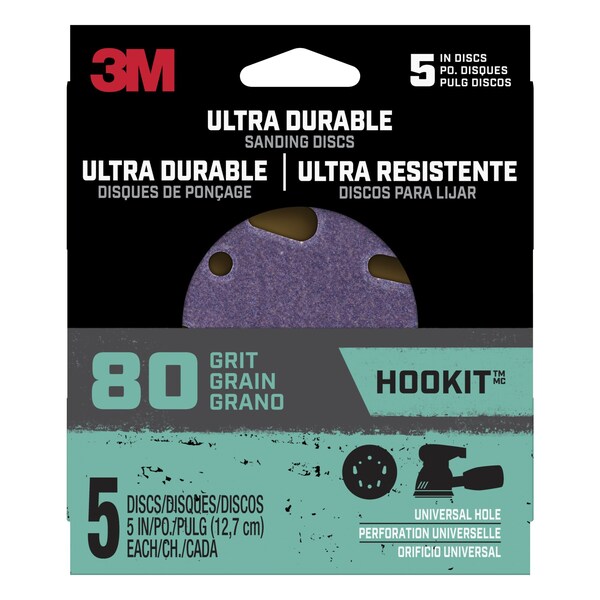 3M Ultra Durable 5 inch Power Sanding Discs, Universal Hole, 80 grit, 5/pk, 20PK - DISC5IN5PK80