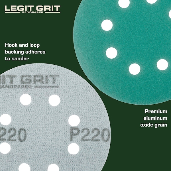 Legit Grit 5 inch Sand paper Disc, 8-Hole, 220 Grit, 100PK - LG5-8220-100