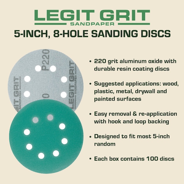 Legit Grit 5 inch Sand paper Disc, 8-Hole, 220 Grit, 100PK - LG5-8220-100