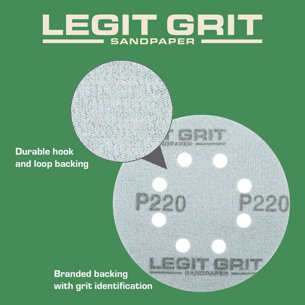 Legit Grit 5 inch Sand paper Disc, 8-Hole, 220 Grit, 100PK - LG5-8220-100