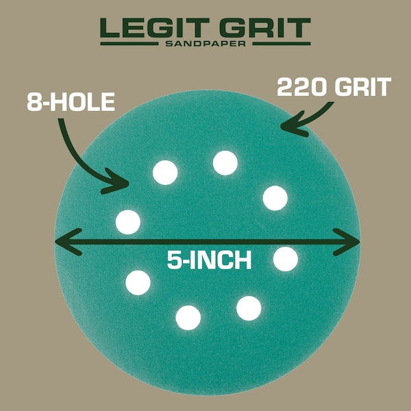 Legit Grit 5 inch Sand paper Disc, 8-Hole, 220 Grit, 100PK - LG5-8220-100