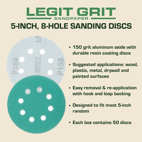 Legit Grit 5 inch Sand paper Disc, 8-Hole, 150 Grit, 50PK - LG5-8150-50