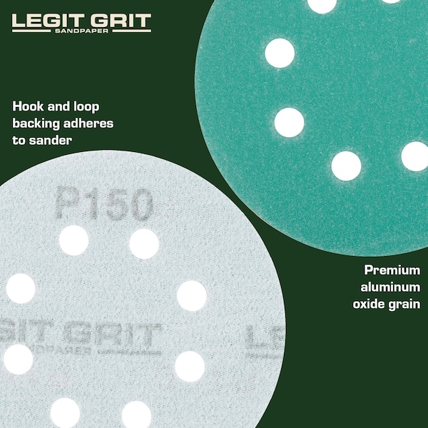 Legit Grit 5 inch Sand paper Disc, 8-Hole, 150 Grit, 50PK - LG5-8150-50