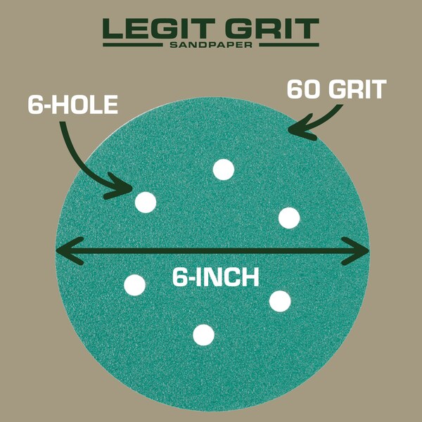 Legit Grit 6 inch Sand paper Disc, 6-Hole, 60 Grit, 150PK - LG6-660-150