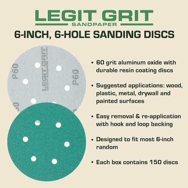 Legit Grit 6 inch Sand paper Disc, 6-Hole, 60 Grit, 150PK - LG6-660-150