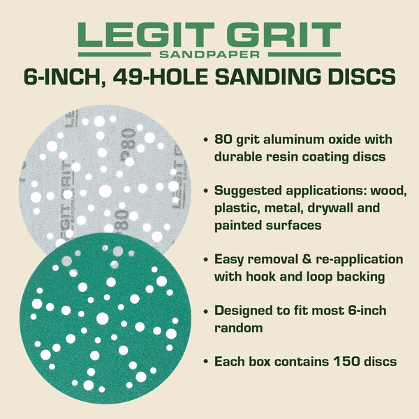 Legit Grit 6 inch Sand paper Disc, 49-Hole, 80 Grit, 150PK - LG6-4980-150
