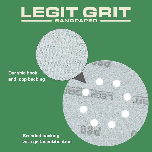 Legit Grit 5 inch Sand paper Disc, 8-Hole, 80 Grit, 100PK - LG5-880-100