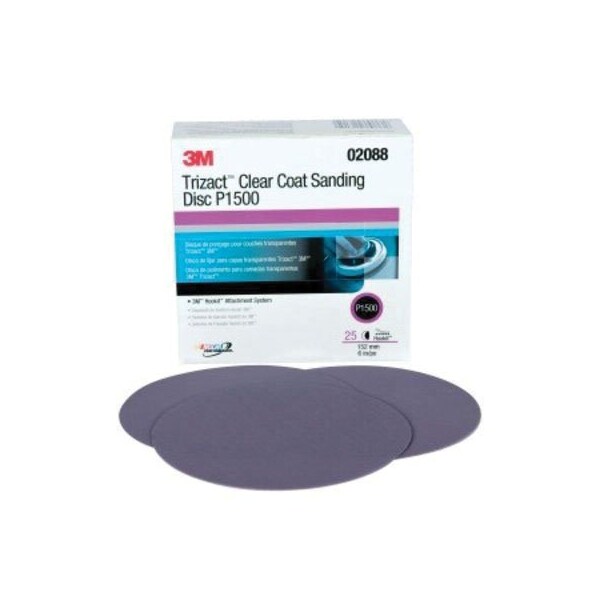 3M 3M Trizact Hookit Clear Coat Sanding Disc, 02088, P1500, 6 in5, 25PK - 7100041245