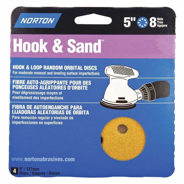 Norton Abrasives Hook-and-Loop Sanding Disc, 5" Dia, 8 Hole, Aluminum Oxide, Assorted Grit, Coated Type, A296 - 07660749159