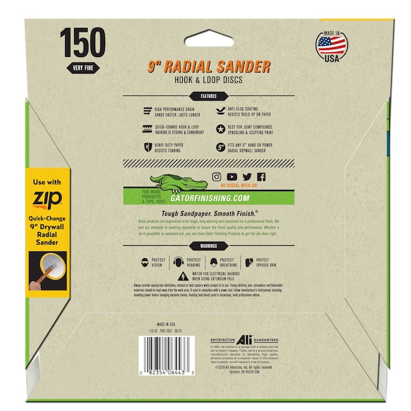 Gator Finishing 9" Zip SilicaCut Radial Drywall Sander Hook and Loop Discs, 150 Very Fine Grit - 6443