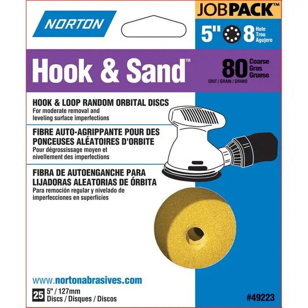 Norton Co 5" Hook & Sand 8-Hole Sanding Disc, P80-Grit, PK 25 - 49223