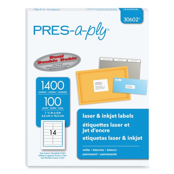 Pres-A-Ply Laser Address Labels, 1 1/3x4, PK1400 - 30602