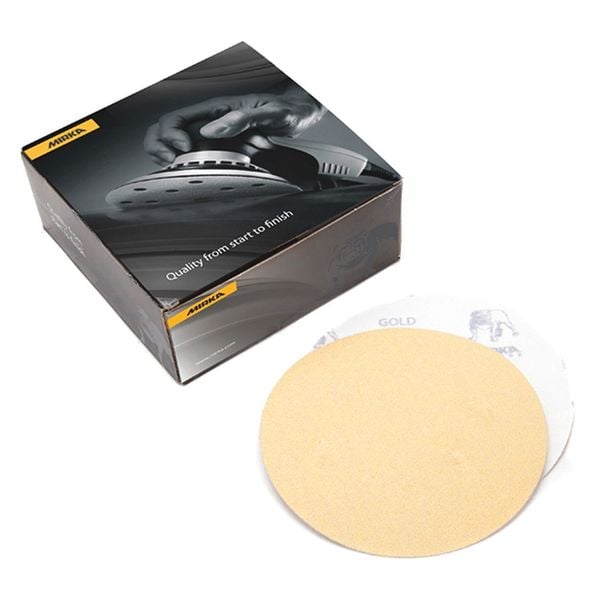 Mirka Grip Disc, 6", P120, PK50, 6" Dia, No Hole, Aluminum Oxide, P120 Grit, Semi Open Coat Type, Gold - 23-622-120