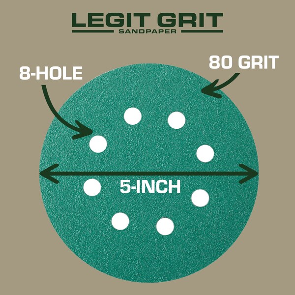 Legit Grit 5 inch Sand paper Disc, 8-Hole, 80 Grit, 50PK - LG5-880-50