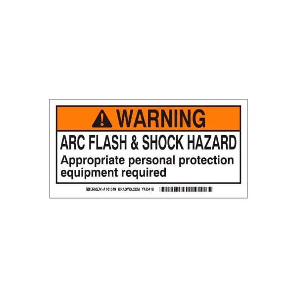 Brady Brady Arc Flash Labels, Warning Arc Flash & Shock Hazzard, 2in X 4in, Black/Orange/White - 101517