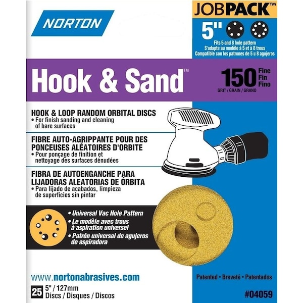 Norton Co 0 Sanding Disc, 5 in Dia, Coated, P150 Grit, Fine, Aluminum Oxide Abrasive, Paper Backing - 4059