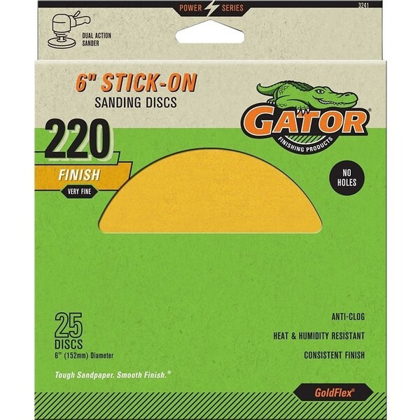 Gator Sanding Disc, 6 in Dia, Coated, 220 Grit, Extra Fine, Aluminum Oxide Abrasive, Paper Backing - 3241