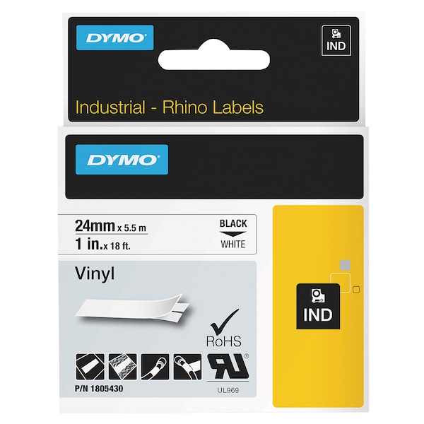 Dymo Rhino Permanent Vinyl Industrial Label Tape, 1" x 18 ft, White/Black Print - 1805430