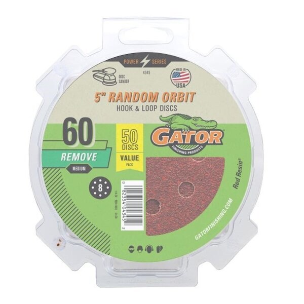Gator Sanding Disc, 5 in Dia, 60 Grit, Coarse, Aluminum Oxide Abrasive, Vented - 4345