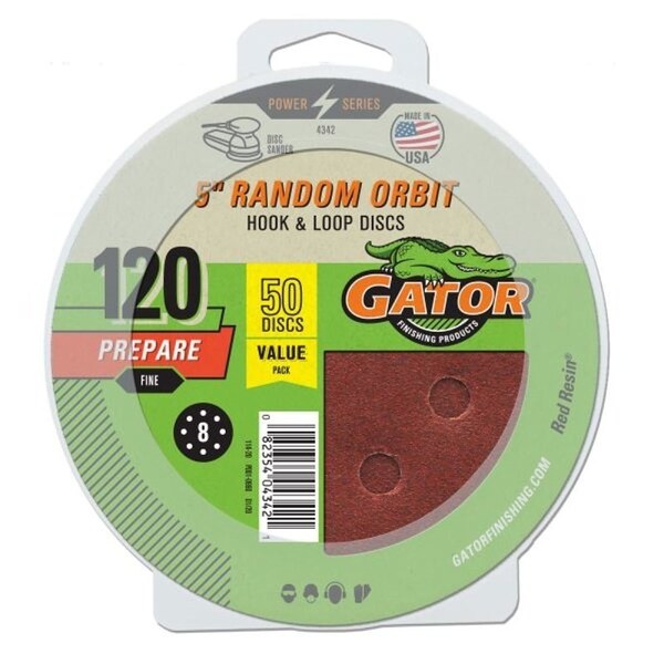 Gator Sanding Disc, 5 in Dia, 120 Grit, Fine, Aluminum Oxide Abrasive, Vented - 4342