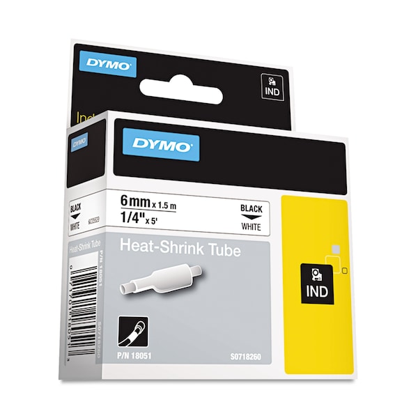 Dymo Rhino Heat Shrink Tubes Industrial Label Tape, 0.25" x 5 ft, White/Black Print - DYM18051