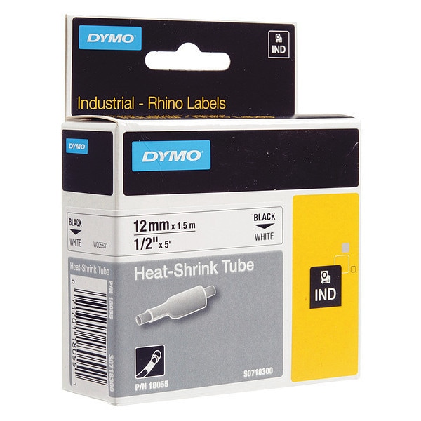 Dymo Rhino Heat Shrink Tubes Industrial Label Tape, 0.5" x 5 ft, White/Black Print - 18055