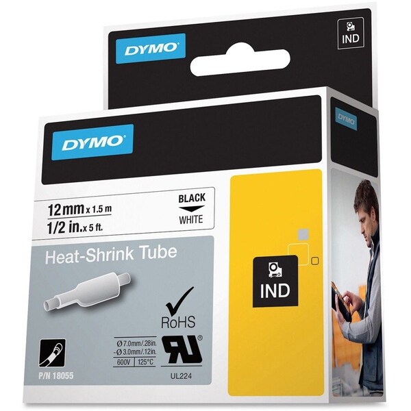 Dymo Rhino Heat Shrink Tubes Industrial Label Tape, 0.5" x 5 ft, White/Black Print - 18055