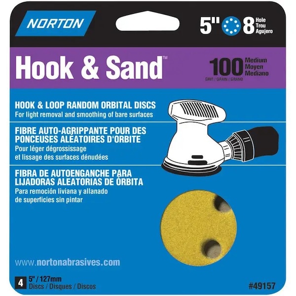 Norton Co 5" Hook & Sand 8-Hole Sanding Disc, P100-Grit, PK 4 - 49157