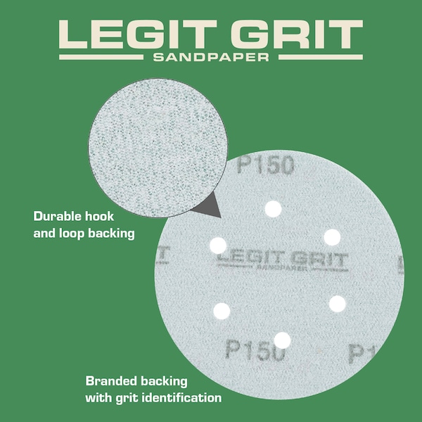 Legit Grit 6 inch Sand paper Disc, 6-Hole, 150 Grit, 50PK - LG6-6150-50