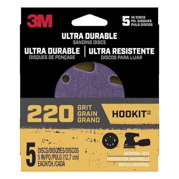 3M Ultra Durable 5 inch Power Sanding Discs, Universal Hole, 220 grit, 20PK - DISC5IN5PK220