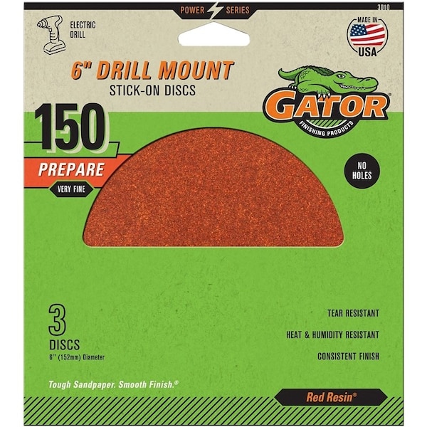Gator Sanding Disc, 6 in Dia, 150 Grit, Fine, Aluminum Oxide Abrasive, Paper Backing - 3010